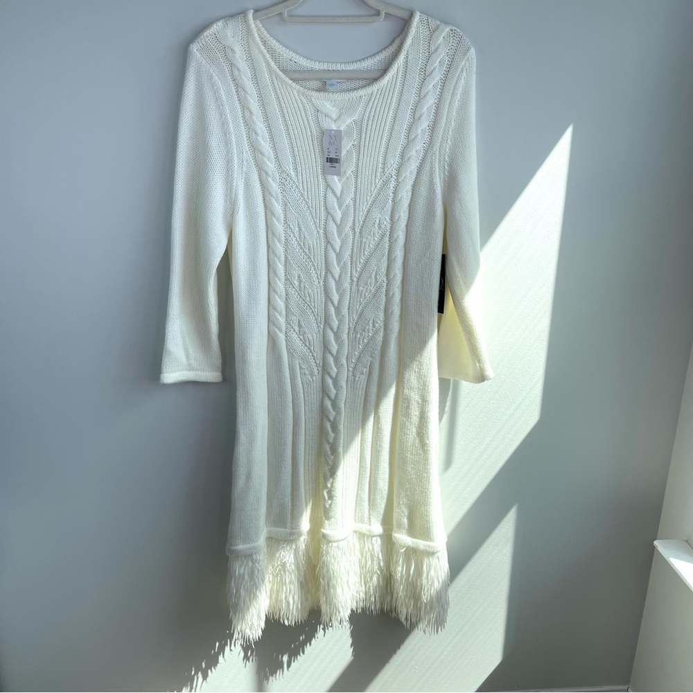 New York & Company Ivory Cable Knit Dress with Fringe Size L